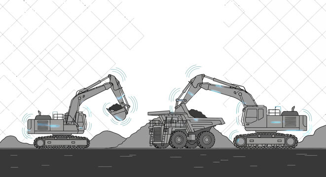 Illustration of two excavators and a dump truck operating in a quarry with piles of dirt and a white background.