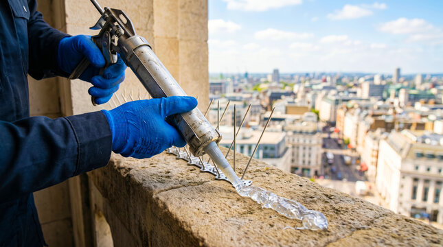 Technician installing bird spikes on building ledge overlooking city