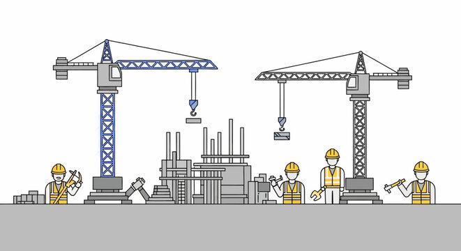 Illustration of construction workers operating cranes and working on a building site with industrial equipment and tools.
