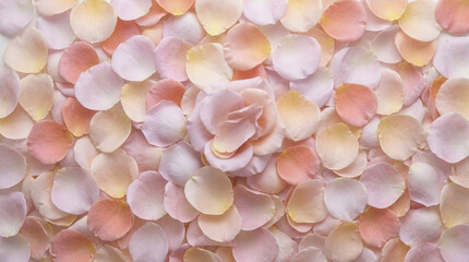 Obraz premium Elegant flat lay of pastel rose petals with a stunning central bloom, ideal for romantic and luxurious designs.