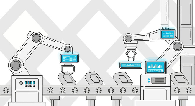 Industrial robotic arms working on a production line with various machinery and equipment in a factory setting with a neutral color palette.