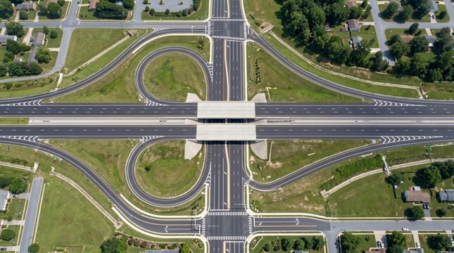 Aerial drone view of partial cloverleaf highway interchange