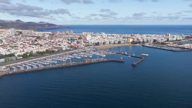 Golden Hour Flyover of Historic Vegueta and Triana; Colonial Architecture and Port of Las Palmas, Gran Canaria