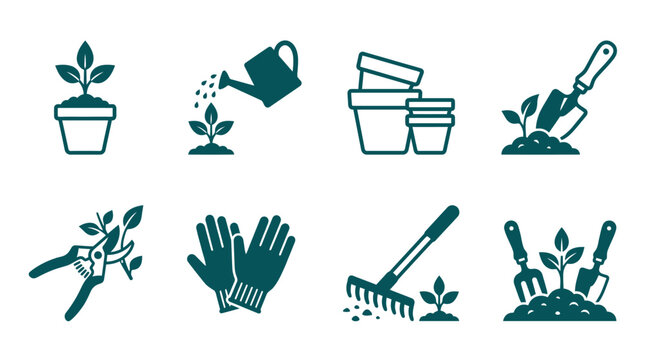 Set of flat gardening tool icons for landscaping and plant care.