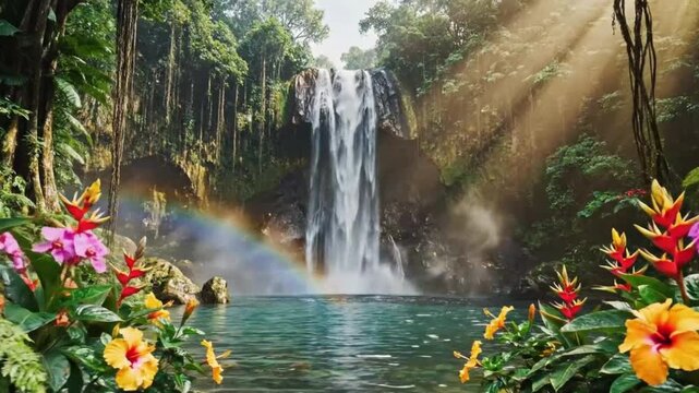 Tropical waterfall with vibrant flowers ideal for travel vlogs and eco-friendly campaigns
