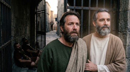 Obraz premium Angel leading apostle Peter out of prison in darkness. Biblical scene of miraculous escape from jail. Ancient historic faith event, saint walking with divine messenger, liberation.