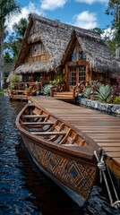 Fototapeta premium A wooden boat decorated with patterns is moored at the jetty of a tropical bungalow, providing an exotic backdrop for advertisements for hotels, holiday packages or materials about island holidays.