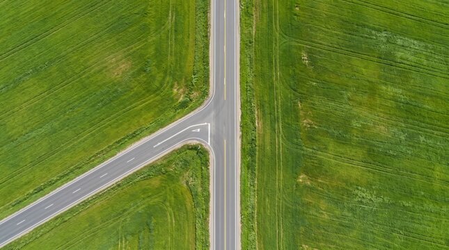 Aerial top view of asphalt road t-junction in green fields