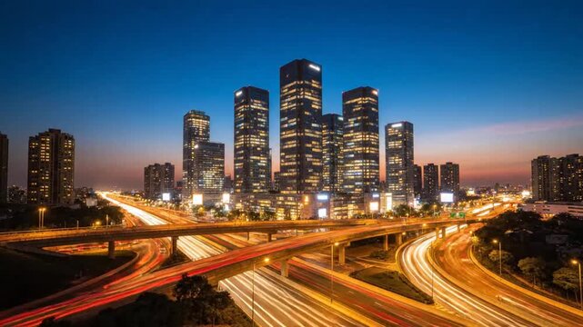 City skyline with illuminated highways at dusk symbolizing tranquility, harmony, and natural balance
