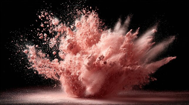 A burst of light pink powder explodes outward against a black background