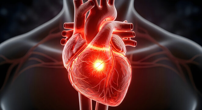 Anatomical illustration of a human heart with pacemaker devices implanted