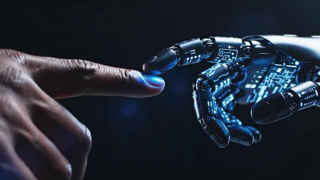 Human hand and robotic hand touching ideal for sleek commercial backgrounds and title sequences