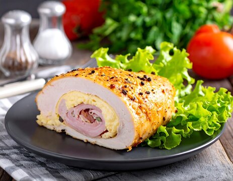 A plate of stuffed chicken breast with lettuce and tomato