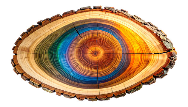 Cross section of a tree trunk with colorful resin inlay, resembling an eye with concentric rings and natural wood grain texture, isolated on white
