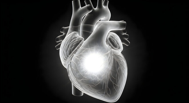 Anatomical illustration of the human heart with visible chambers and major vessels