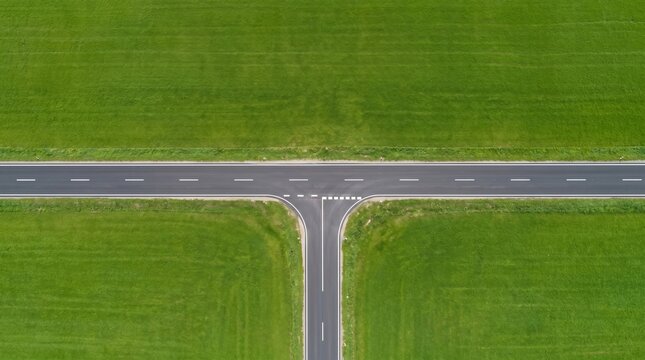Drone view of T-junction road intersection in green fields