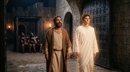 Obraz premium Angel leading apostle Peter out of prison. Biblical scene portraying divine rescue from ancient dungeon. Supernatural event, celestial light, historical religious drama concept.