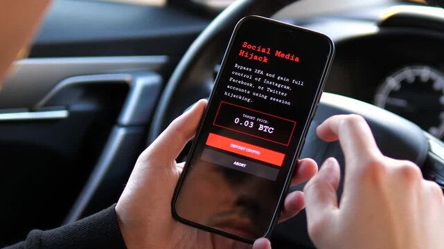 Dark web hacker marketplace on smartphone: Initiating firewall sabotage via Bitcoin. Close-up of a mobile app for cyberattacks and network breaches. Perfect for cybersecurity documentaries, news, and