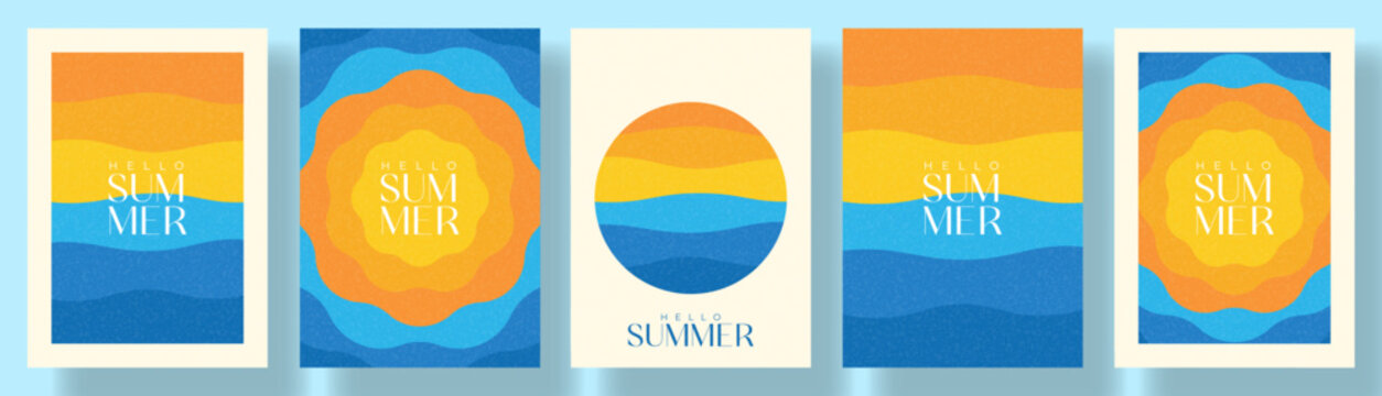 Set of bright abstract summer cards. Vector covers design with sun on blue wavy background and sea waves at sunset. Minimalist summer posters for vacation and travel design, branding, ads, banners.