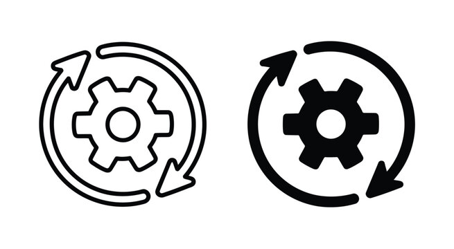 Sync process icon reload set, circle arrow with gear wheel, recycling recurrence and renewal sync processing icons, synchronization and settings
