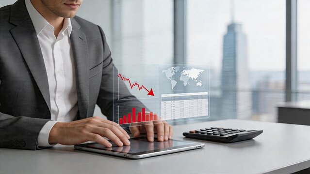 Businessman using tablet looking at financial data holographic interface red arrow graph down trend world map chart table spreadsheet on office desk calculator business analysis