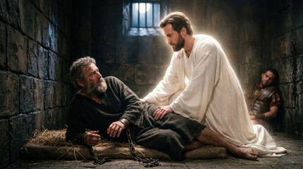 Obraz premium Angel appears to prisoner Peter in a dark dungeon. Biblical scene from Acts 12 showing a glowing divine messenger waking a chained man. Miracle of escape from jail liberation.