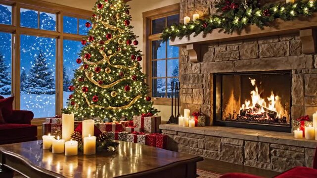 Christmas tree by fireplace with snowy view symbolizing exploration and the great outdoors