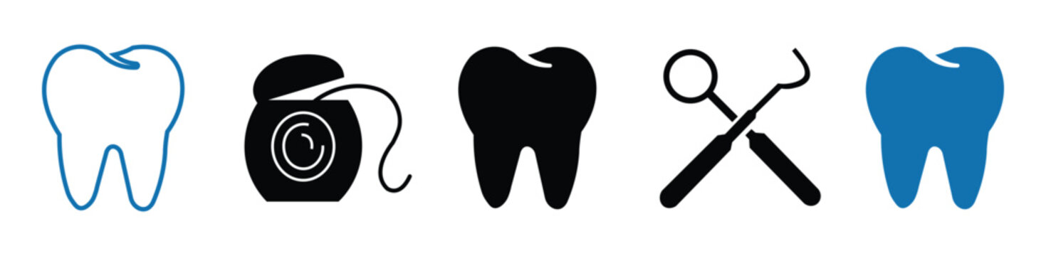 Dental Care Icons Set &ndash; Tooth, Floss & Dentist Tools Vector Collection (Outline & Solid)