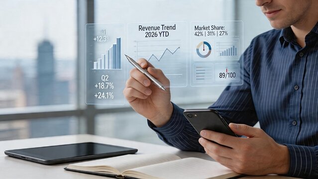 Businessman holding smartphone looking at future holographic charts on revenue trend market share analysis bar graph growth percentage financial data visualization for 2026 YTD Q1