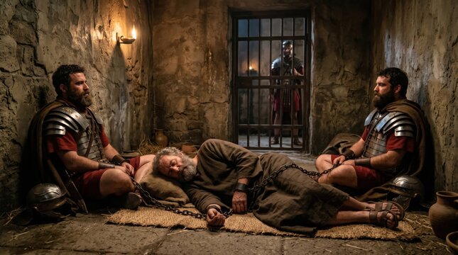 Saint Peter the apostle sleeping chained between two roman soldiers in a dark dungeon. Biblical scene from Acts of the apostles depicting the miracle of arrest and liberation by angel.