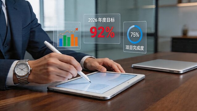 Businessman using tablet digital pen writing in office with holographic interface 2026 annual goals 92 percent target performance chart bar graph rising trend arrow 75 percent