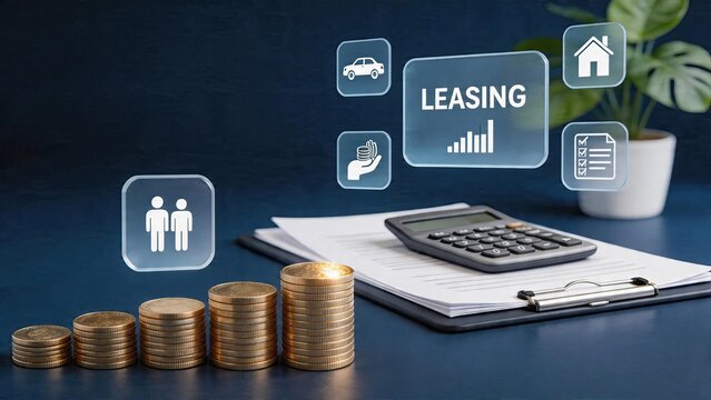 Business finance concept stacking gold coins rising up on desk calculator with documents holographic interface icons showing people car house hand with cash and charts leasing