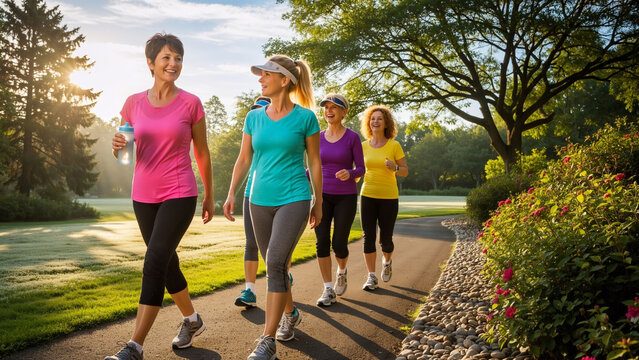 Group of women walking together on park path. Fitness and healthy lifestyle concept for active senior women outdoors. Friendship