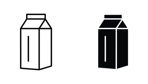 Carton milk or juice packaging container icon set in outline and solid black style for food and beverage design