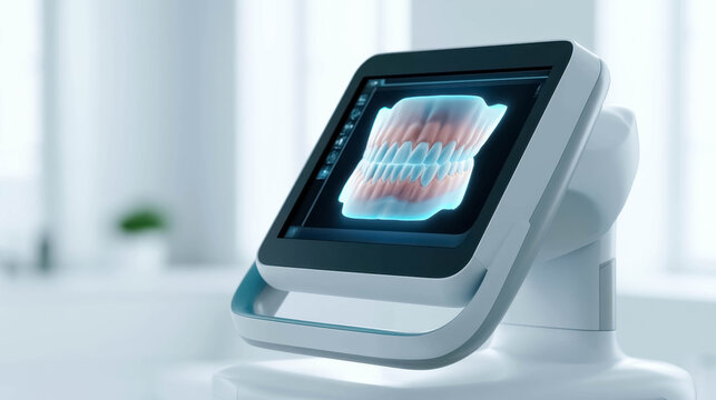 Modern 3D dental scanner displaying digital teeth model on screen