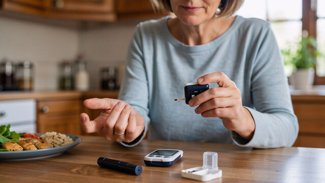 Woman checking blood sugar level with a glucometer after a healthy meal at home. Diabetes management for health care concept.