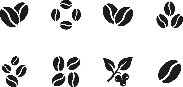 coffee bean icons set, simple solid vector symbols of roasted coffee beans isolated on transparent background