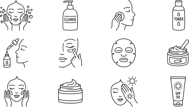 skincare routine icons set, face care steps with cleanser toner serum cream mask and sunscreen outline vector illustration on transparent background