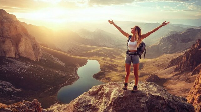 Embracing nature: a woman on a high peak. 