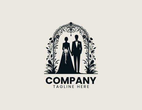 Wedding couple standing under ornate arch minimalist black vector illustration logo