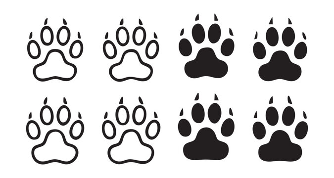 Animal paw print vector set featuring wolf and bear tracks in outline and solid black silhouette art