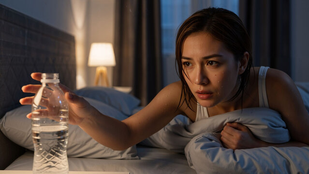 Woman waking with night sweat while suffering from fever. Feeling thirsty and reaching for bottle of water. Insomnia and uncomfortable sleep.