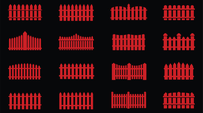 Red fence sections on black background, and desing rustic barrier design elements, architectural pattern collection, isolated vector illustration set for landscaping and exterior concepts.
