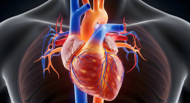 Anatomical illustration of the human heart and major blood vessels