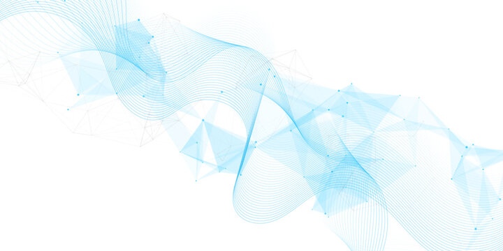 Abstract geometric background with connecting dot and lines with low poly triangle shapes with waves. Mesh Background Vector design digital technology concept Global network connection data structure.