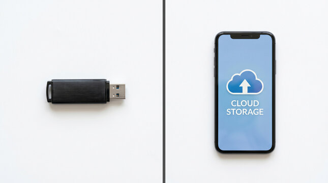 USB flash drive compared to cloud storage on smartphone screen