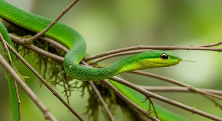 Fototapeta premium A green snake slithers through dense foliage on a tree branch in the forest.