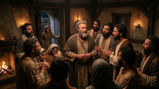 Apostle Peter sharing his escape from prison with a group of believers in the house of Mary. Biblical scene depicting followers listening to his story during a secret meeting.