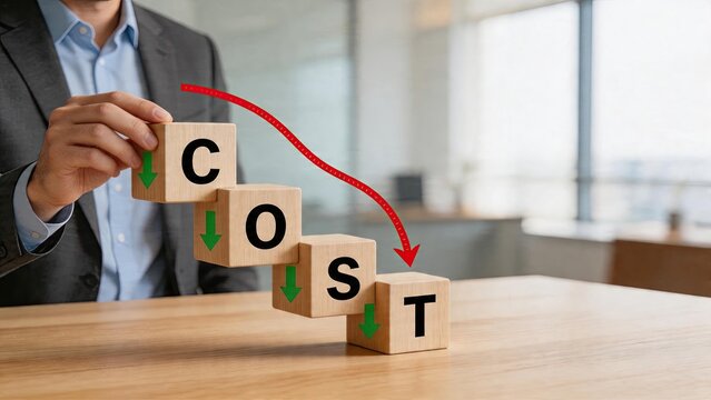 Business man stacking wooden cubes to spell cost with red arrow and green down symbols indicating decreasing expenses office background financial strategy concept