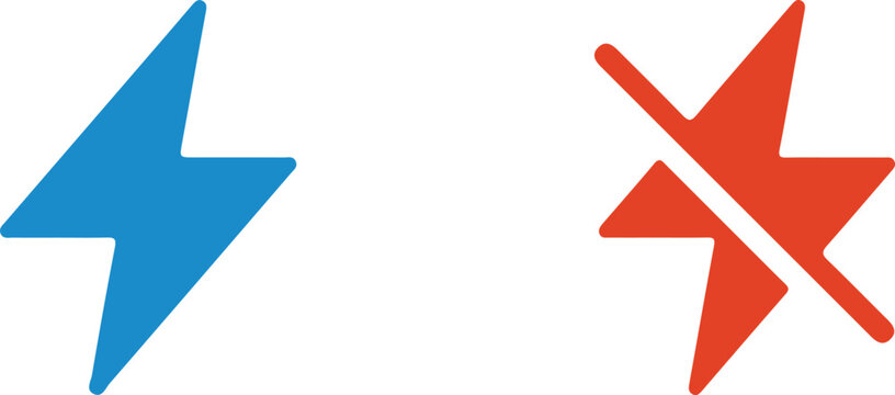 blue lightning bolt and red no power strikethrough icon set flat vector design for electricity energy flash and power on off interface